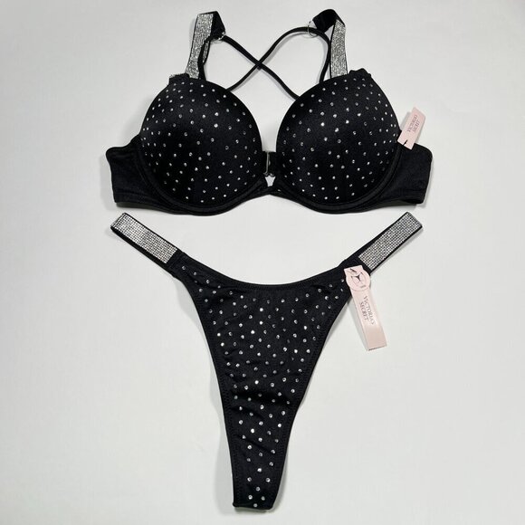 Victoria Secret 34B S Bombshell Push Up Bikini THONG Set Glam Shine Strap Black